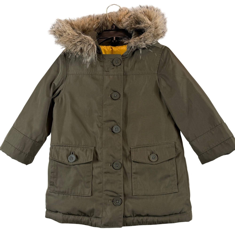 Baby Gap Toddler 3T Olive Green Anorak Puffer Parka Faux Fur Hood Winter Coat